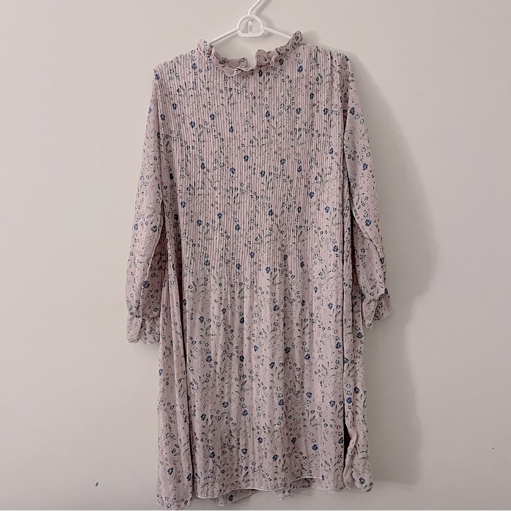 Light pink with blue flower midi chiffon dress women